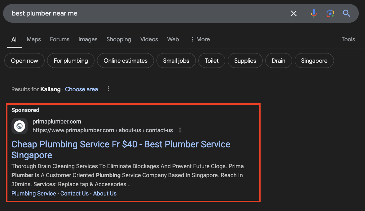 google search ad for plumber near me search